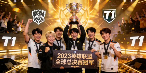 电竞战队T1夺得英雄联盟世界冠军后队员庆祝合影