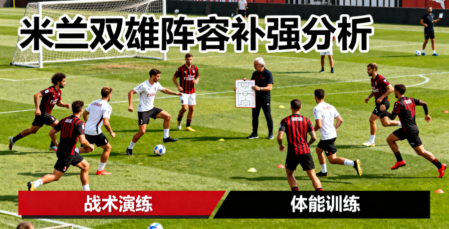 足球队在训练场进行战术演练与体能训练，用于米兰双雄阵容补强分析配图