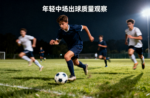 足球运动员在比赛中带球推进的瞬间，对应年轻中场球员出球质量观察文章配图